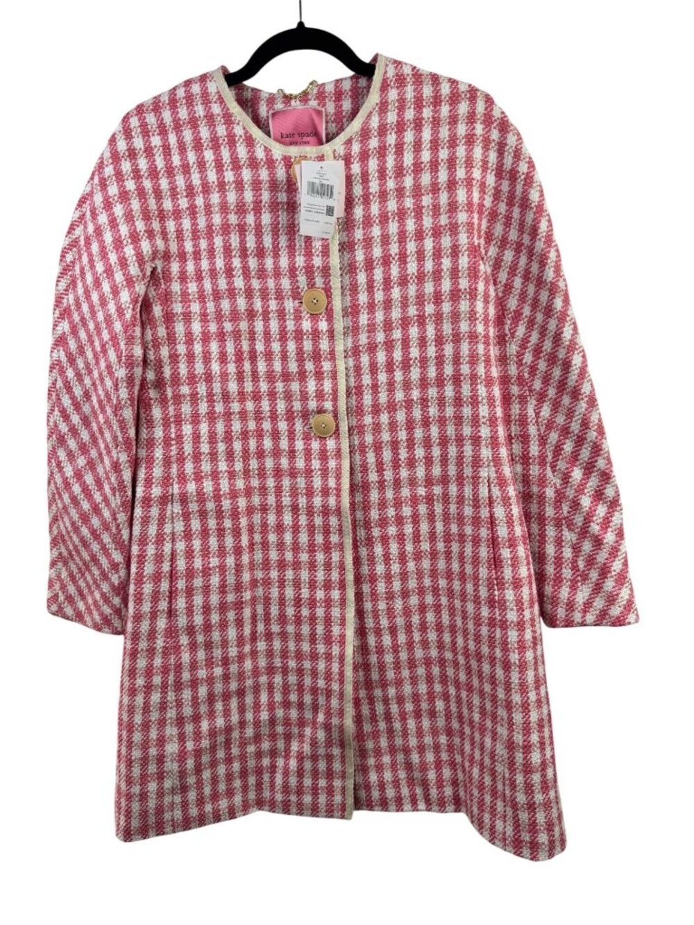 NEW Kate Spade New York Womens Gingham Tweed Pea Coat Peach Nectar Small NWT